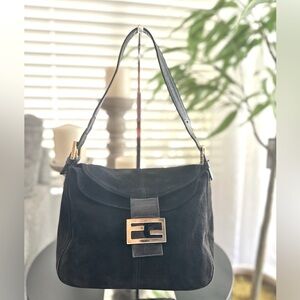 Authentic Fendi Black Suede Zucca Double Flap Shoulder Bag with COA